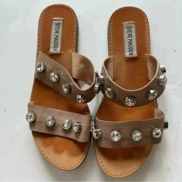 Steve Madden Shoes - Steve Madden Jessy Rhinestones double strap slip on  Leather Tan Sandals…